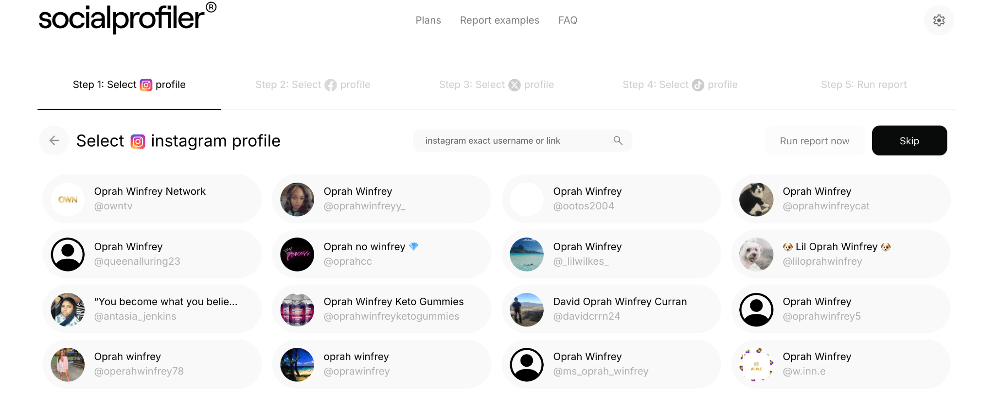 Screenshot showing Socialprofiler evaluating social media profiles for the search term "Oprah Winfrey"