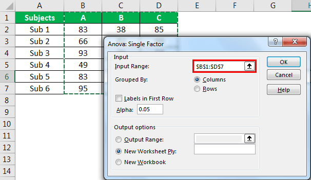 ANOVA Test in Excel Step 3