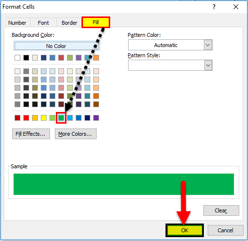 Checklist - Format Cells - Fill - Select the color