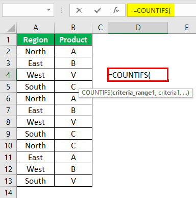 Countifs Function in Excel Example 1.1