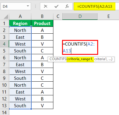 Countifs Function in Excel Example 1.2