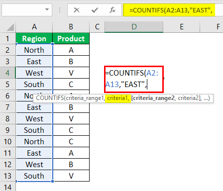 Countifs Function in Excel Example 1.3