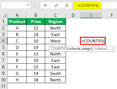 Countifs Function in Excel Example 3.1