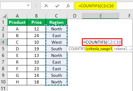 Countifs Function in Excel Example 3.2