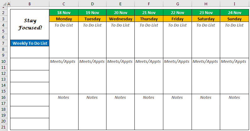 Creating a Weekly Planner Template Example 2-9