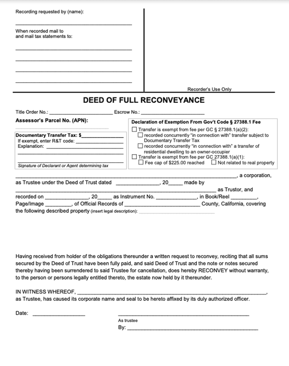 Deed Of Reconveyance Form