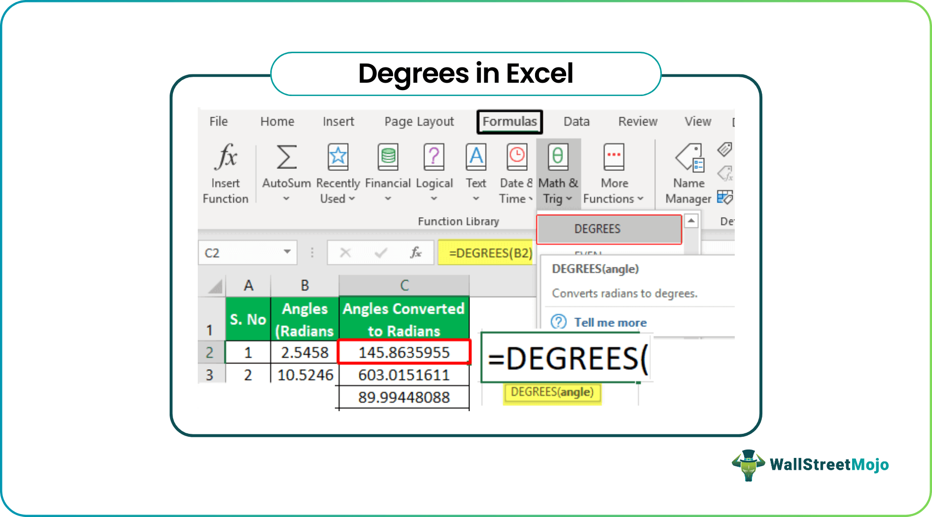 Degrees in Excel