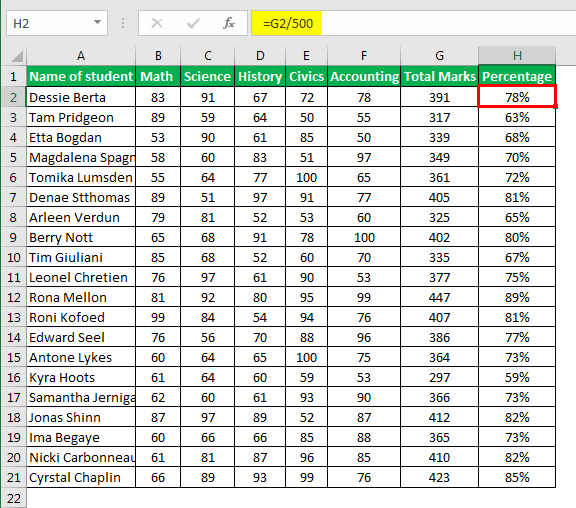 Excel Formula for Grade Example 1 - Step 2