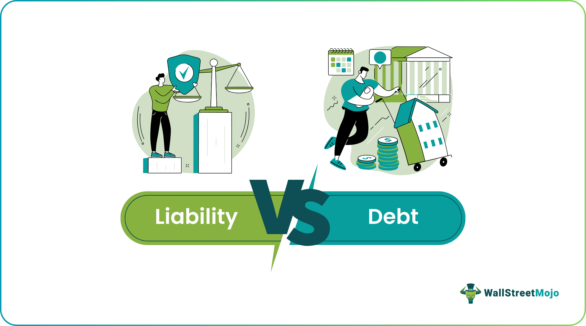 Illustration comparing liability and debt, featuring a scale and shield representing liability on the left, and a figure managing money and property representing debt on the right, with "Liability vs Debt" text prominently displayed.