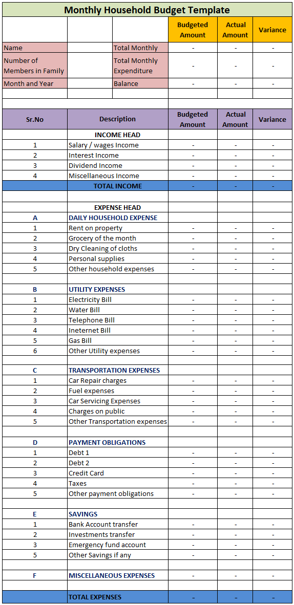 Monthly Household Budget Template