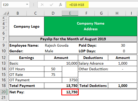 Pay Slip excel - final net pay