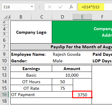 Pay Slip excel - overtime amount calculation