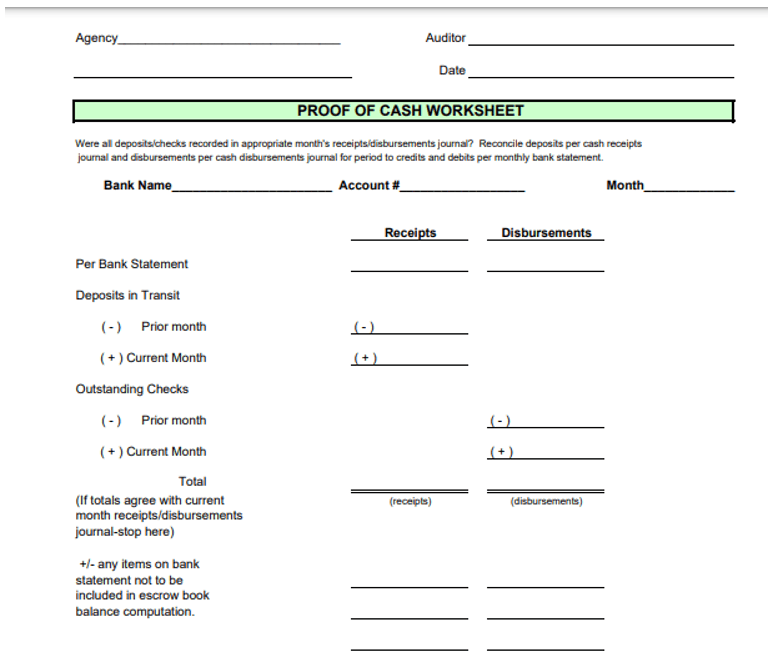 Proof of Cash Worksheet