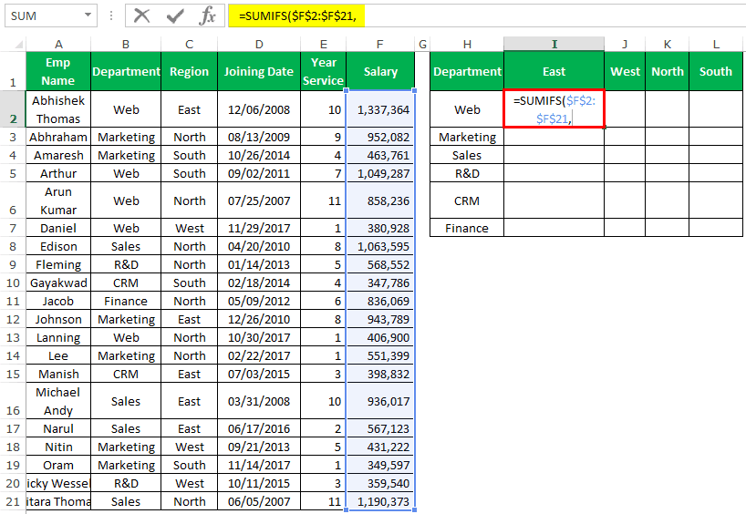 SUMIFS in Excel Example 2-2